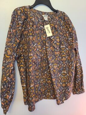 Duluth Trading Co Women’s Navy Floral Button-Front Blouse with Orange Accents